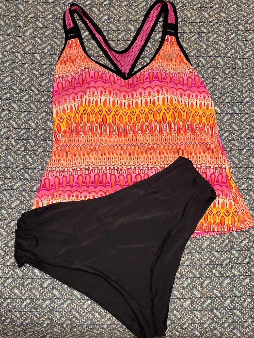 Zaful Pink Orange Yellow Patterned Tankini with Black Bottoms
